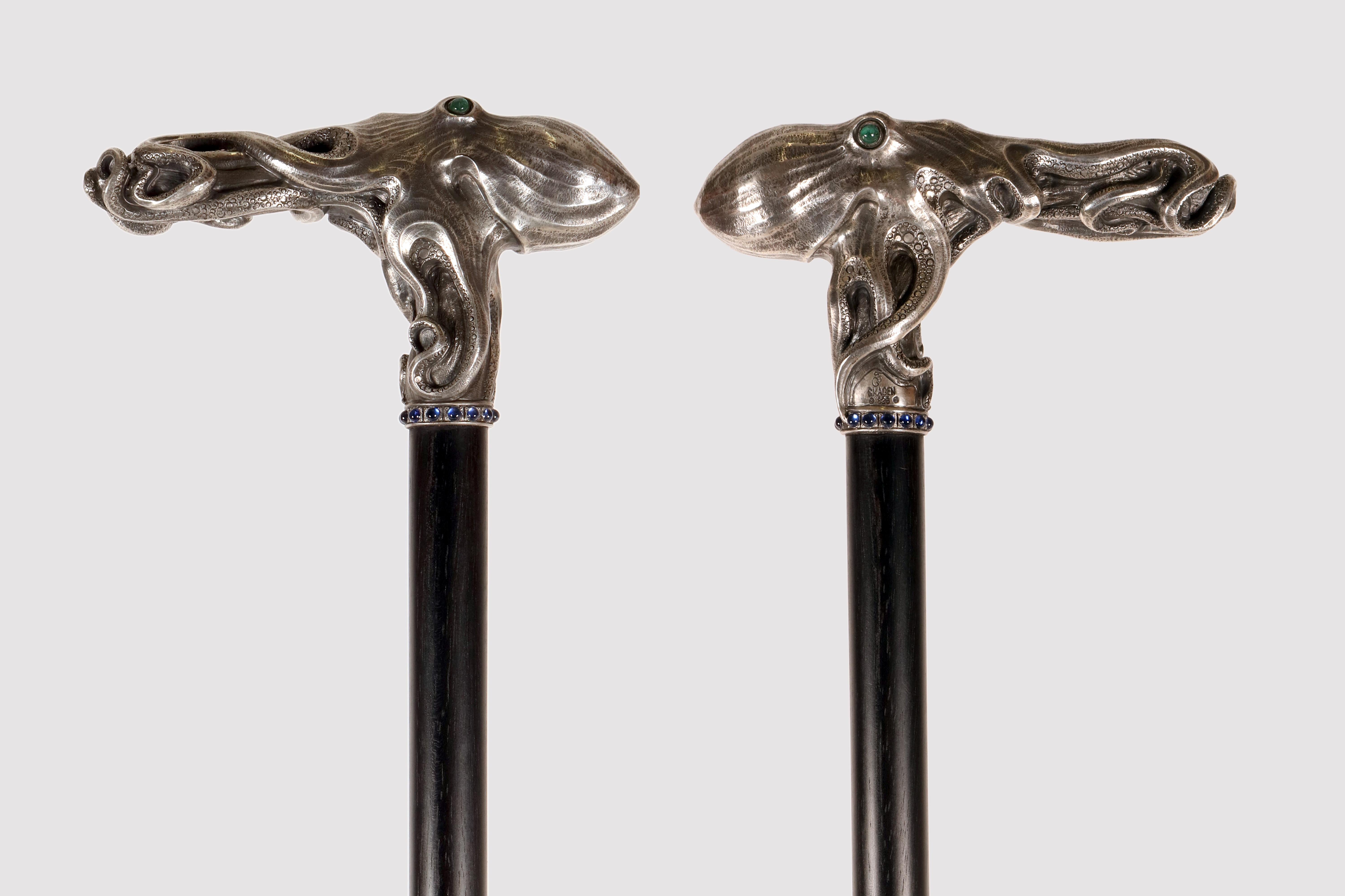 Bastone da passeggio Jewell in stile Art Nouveau. Un manico in argento, disegnato e realizzato dal giovane danese Christian Fjerdingstad nel primo decennio del XX secolo. Una spettacolare rappresentazione di un polpo, che si distingue per il suo