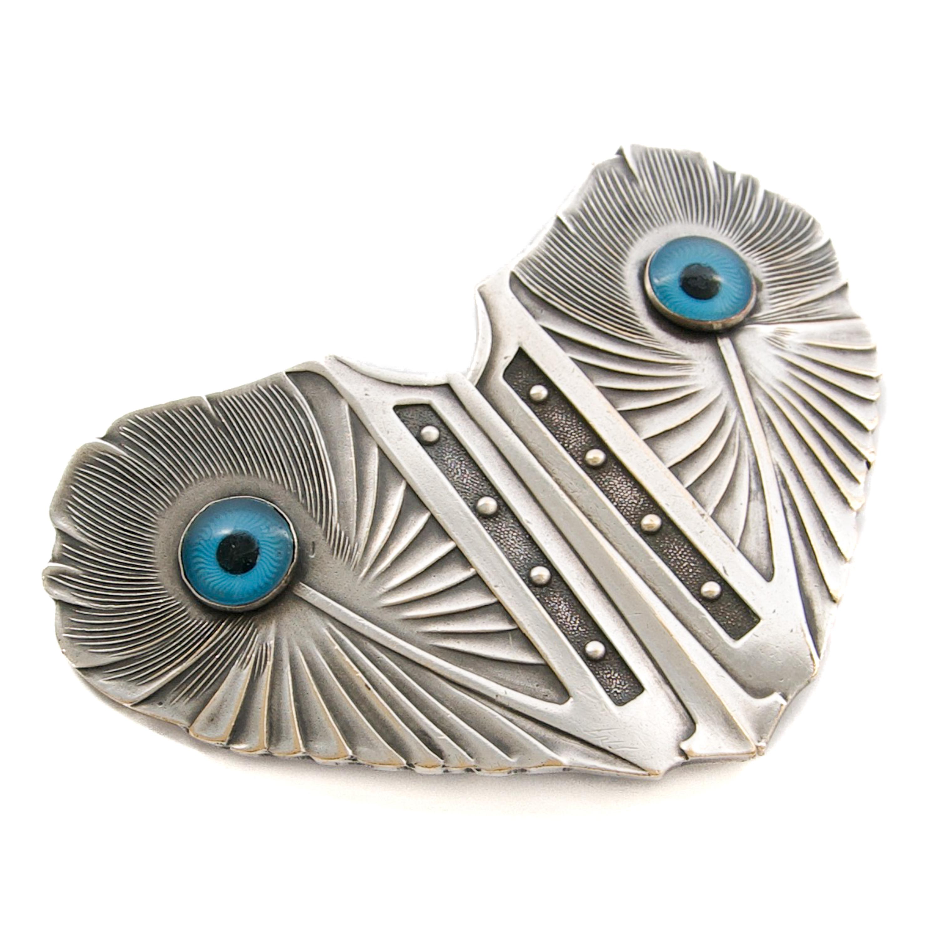 Women's or Men's Art Nouveau Silvered Belt Buckle in the Form of Peacock Feathers, circa 1900 For Sale