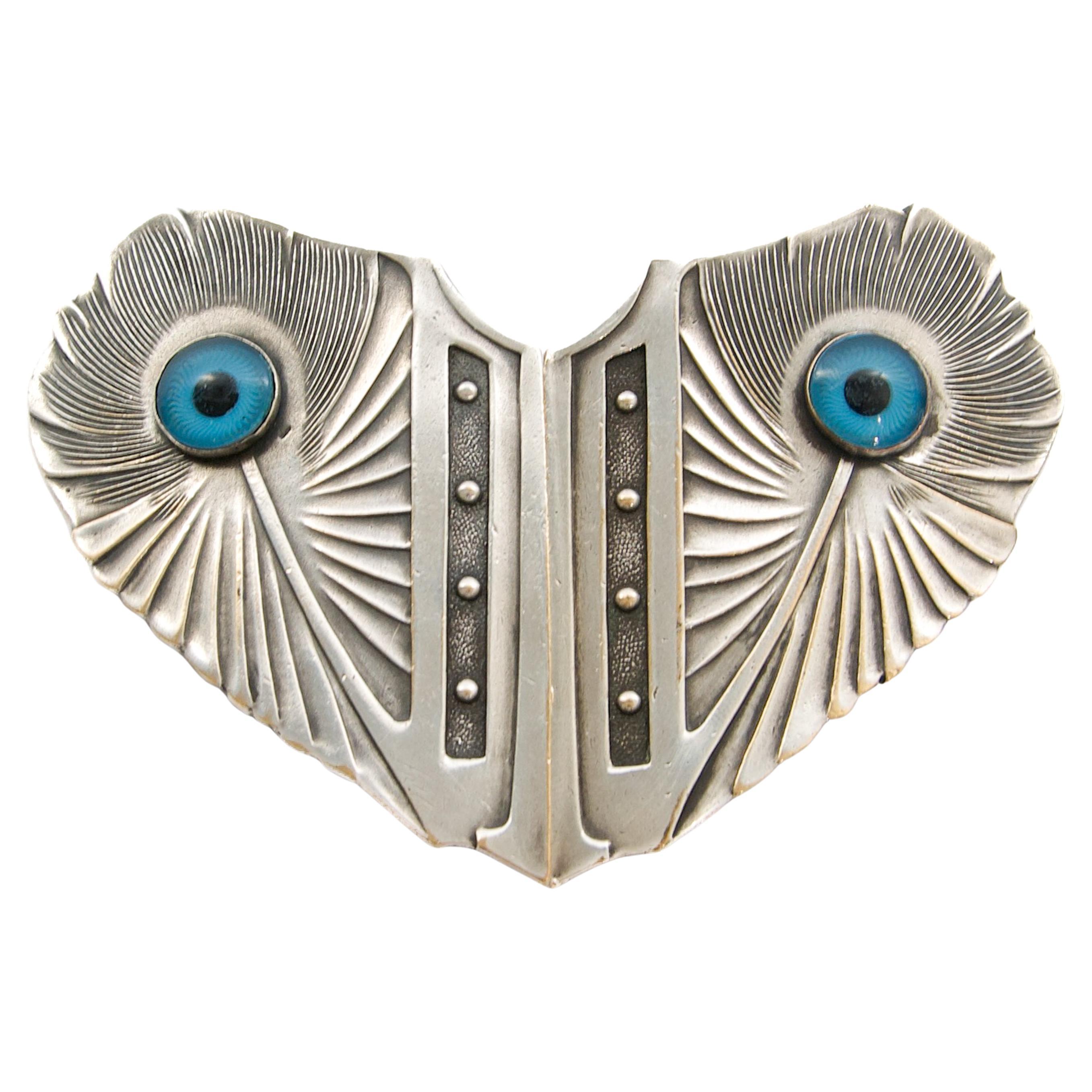 Art Nouveau Silvered Belt Buckle in the Form of Peacock Feathers, circa 1900 For Sale