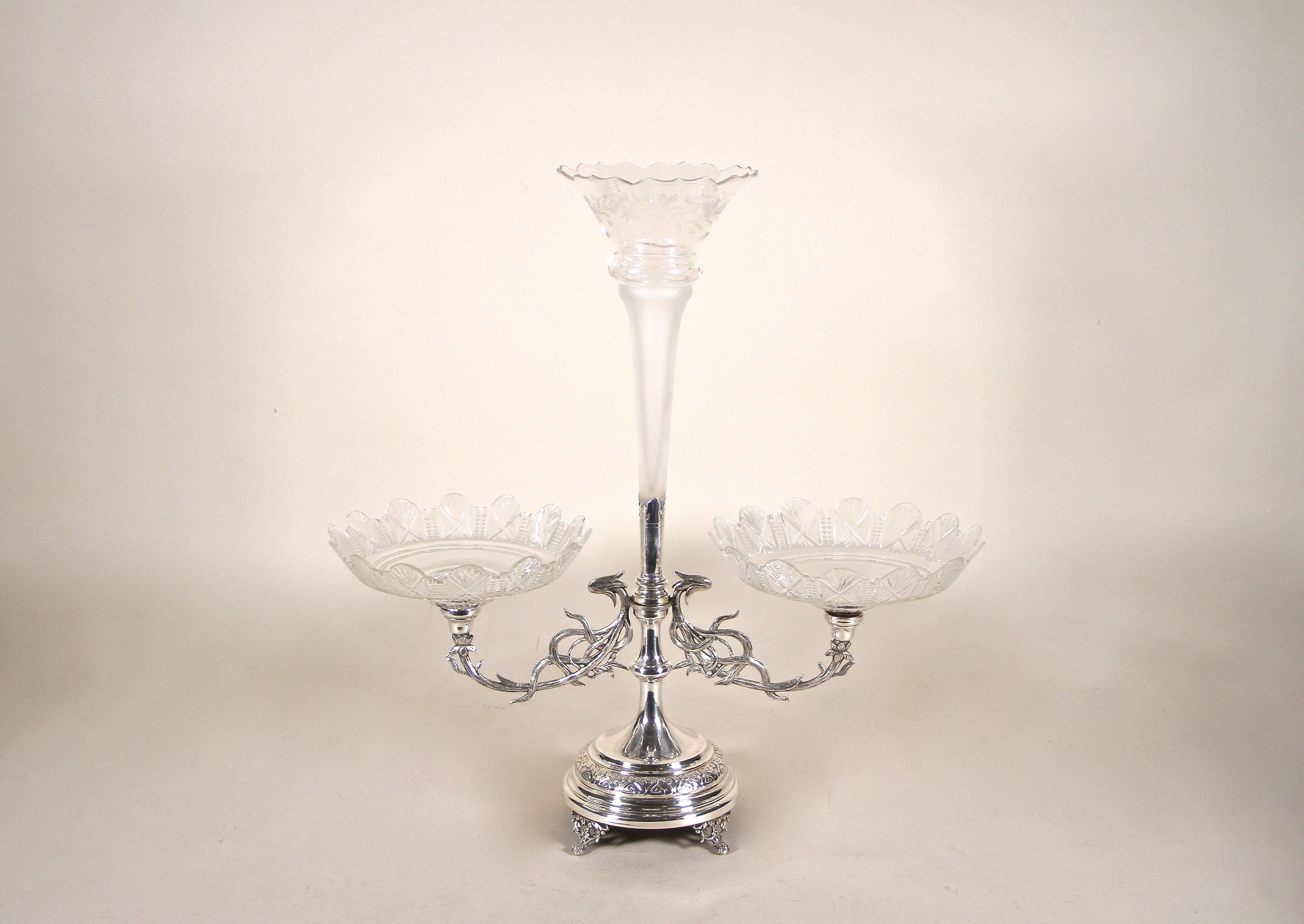 Art Nouveau Silvered Centerpiece with Engraved Glass Bowls, Austria, circa 1900 6