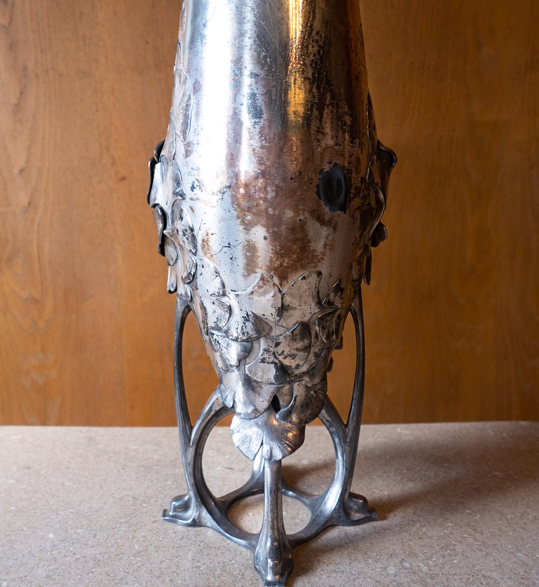 Art Nouveau Silvered Pewter Floor Vase by Hugo Leven, Germany 1900 For Sale 5