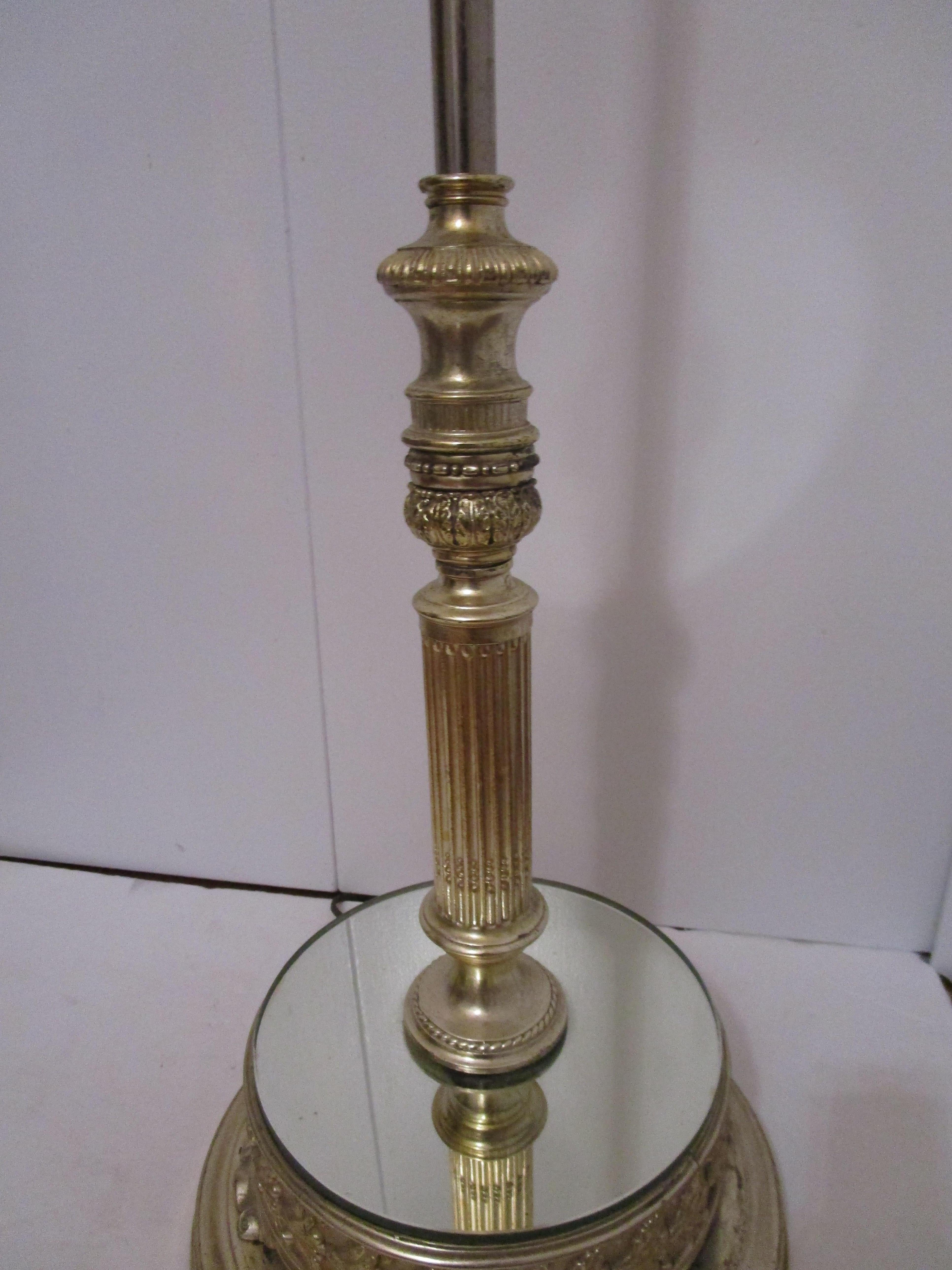 Plated Art Nouveau Silverplate Torchiere Lamp with Circular Mirror Base For Sale