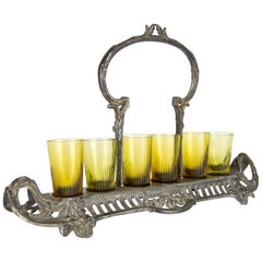Antique Art Nouveau Six Shot Glasses and Pewter Handled Serving Tray Set, 1920s