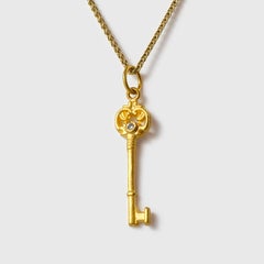 Art Nouveau, Skeleton Key with Diamond Charm Pendant, 24K Gold & 0.02ct Diamonds