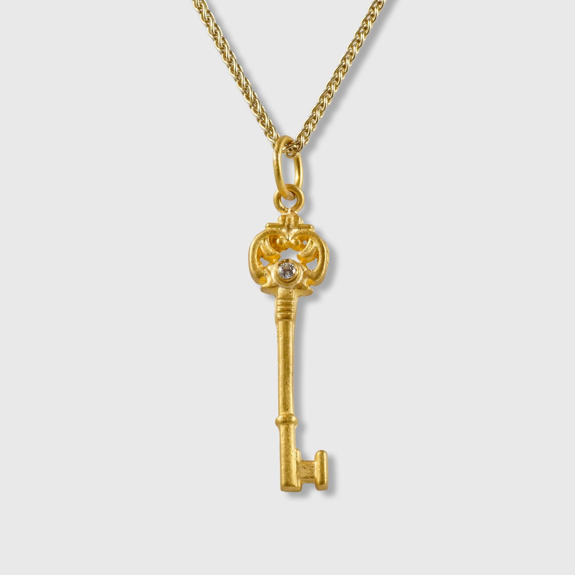 Round Cut Art Nouveau, Skeleton Key with Diamond Charm Pendant, 24K Gold & 0.02ct Diamonds For Sale