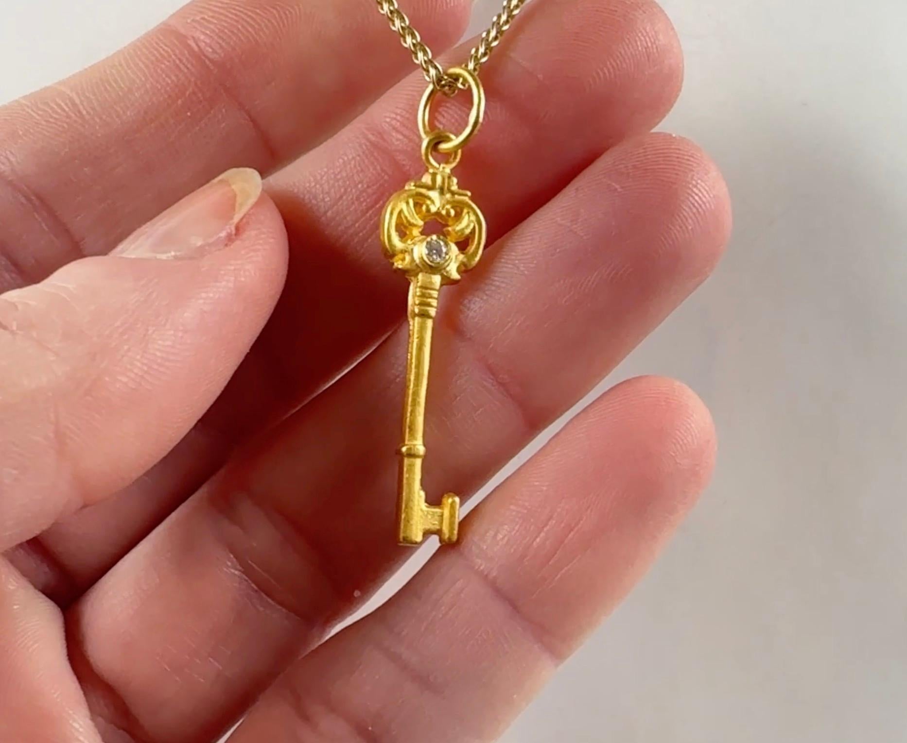 Art Nouveau, Skeleton Key with Diamond Charm Pendant, 24K Gold & 0.02ct Diamonds In New Condition For Sale In Bozeman, MT