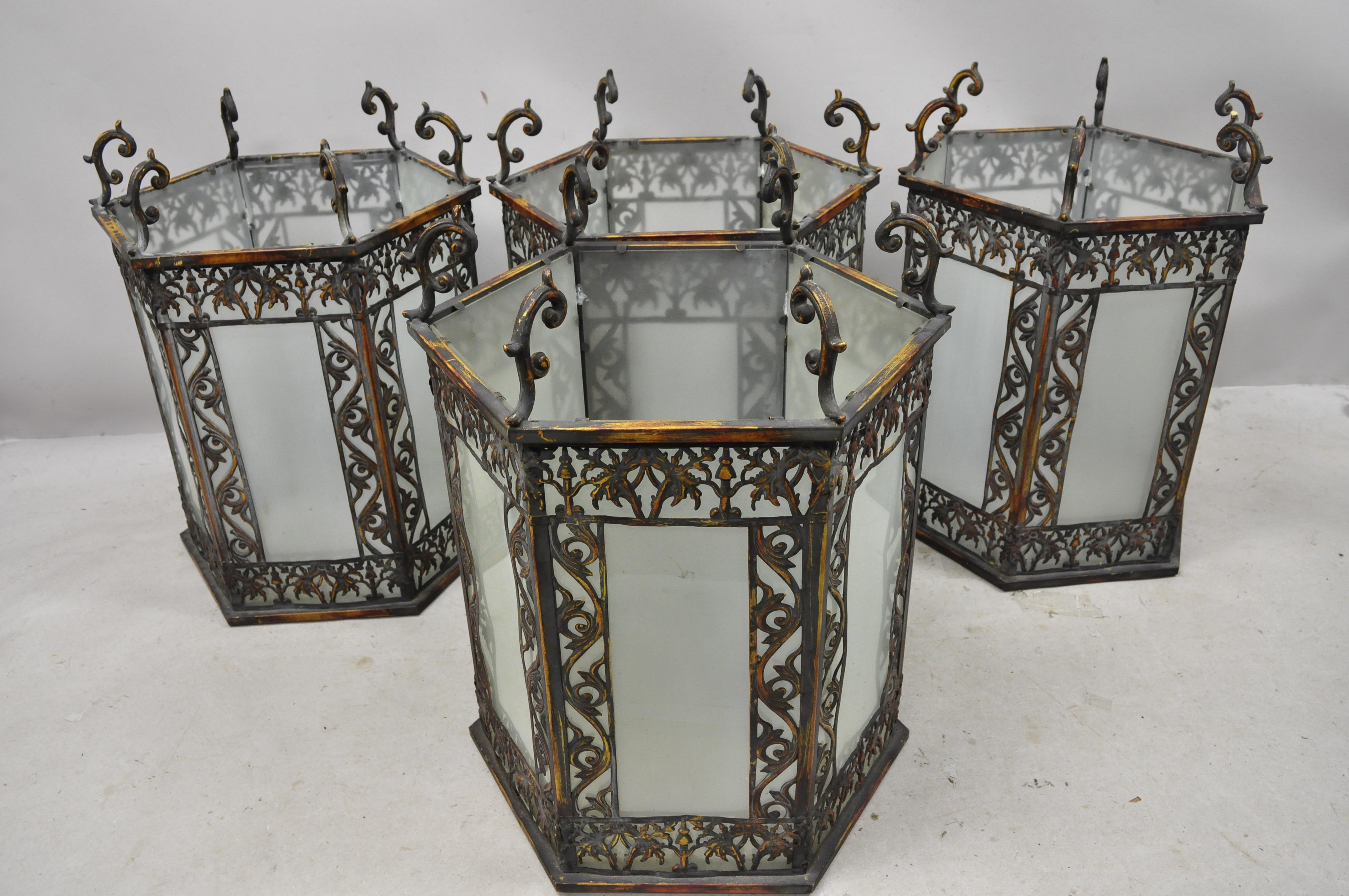 Art Nouveau Slag Glass Hexagonal Gilt Metal Pendant Light Chandelier Fixture For Sale 4