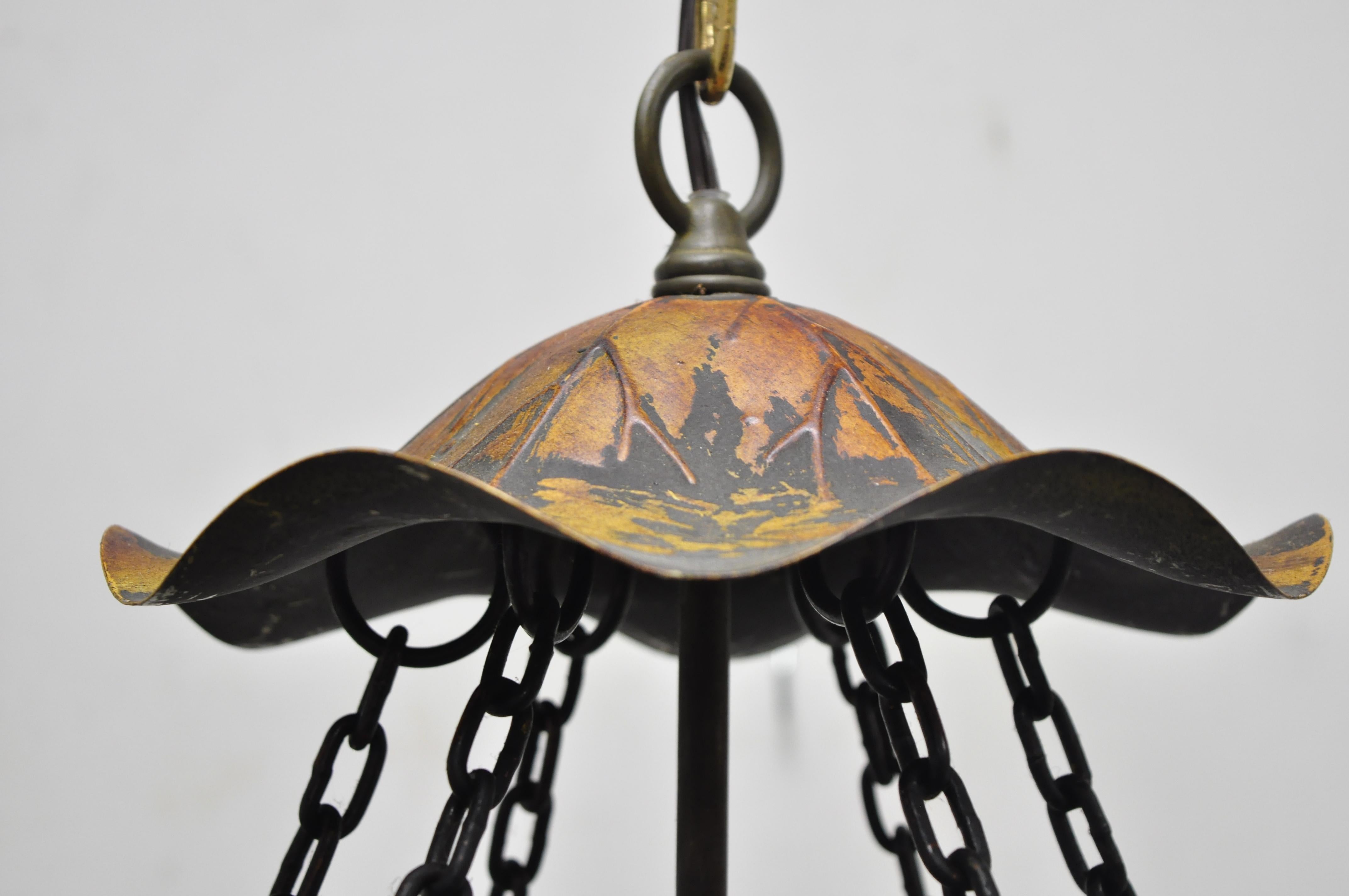 Art Nouveau Slag Glass Hexagonal Gilt Metal Pendant Light Chandelier Fixture For Sale 5