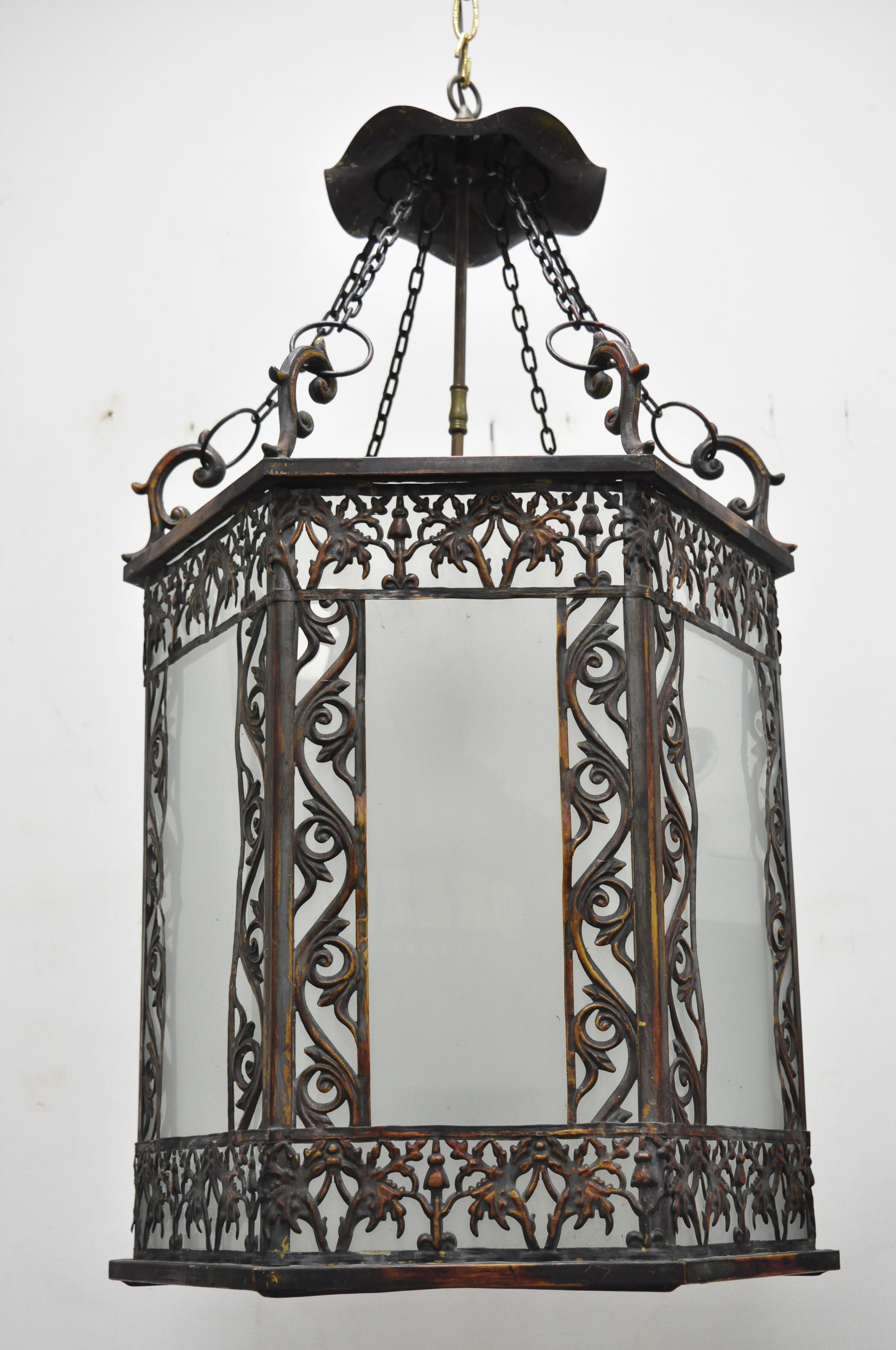Art Nouveau Slag Glass Hexagonal Gilt Metal Pendant Light Chandelier Fixture For Sale 6