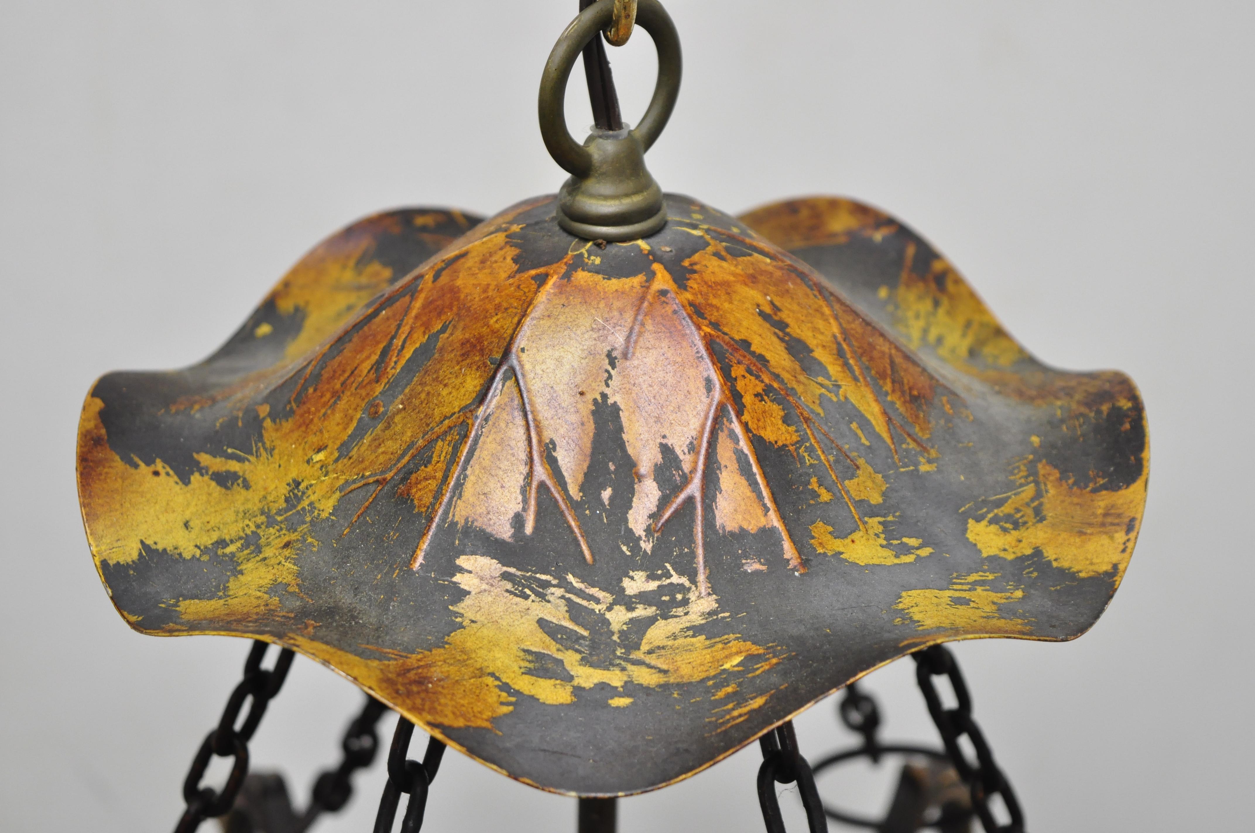 Art Nouveau Slag Glass Hexagonal Gilt Metal Pendant Light Chandelier Fixture In Good Condition For Sale In Philadelphia, PA
