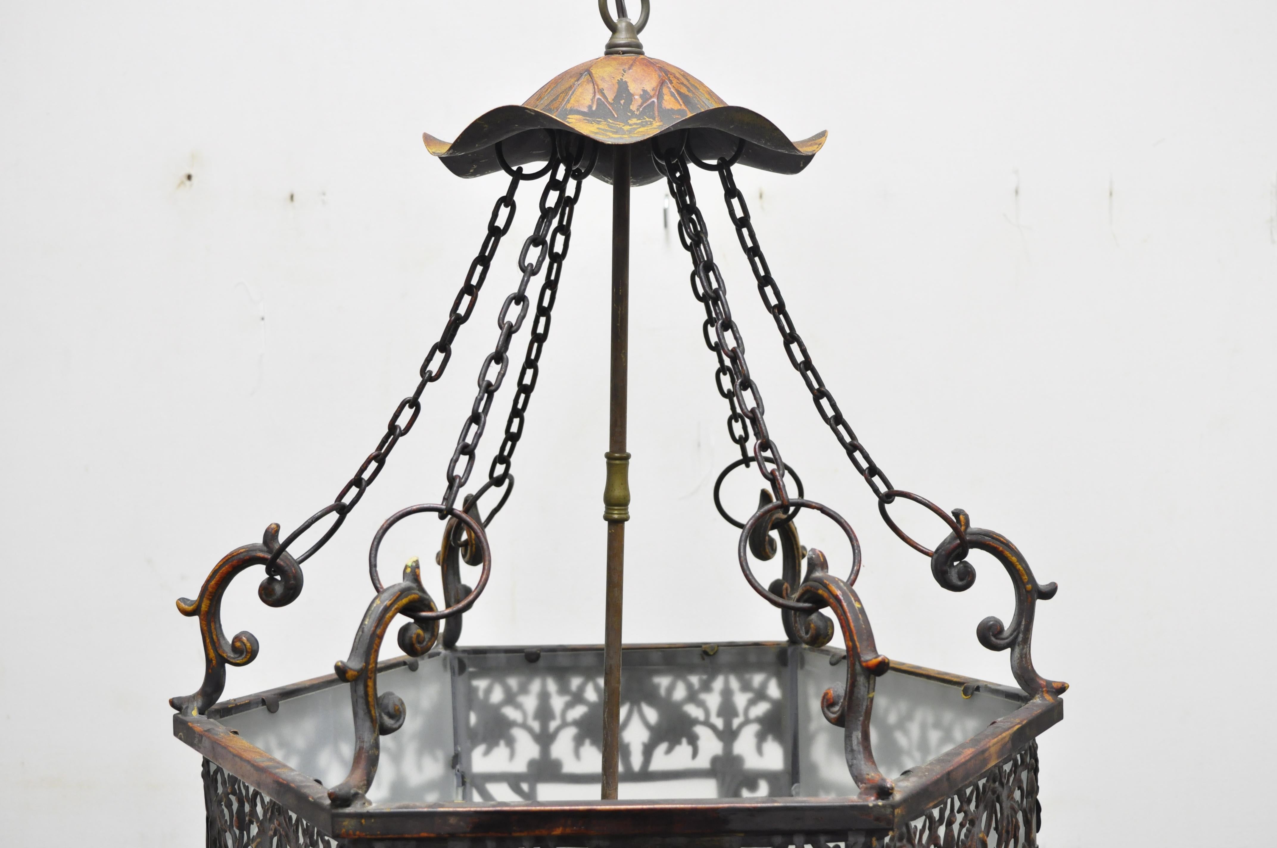 20th Century Art Nouveau Slag Glass Hexagonal Gilt Metal Pendant Light Chandelier Fixture For Sale