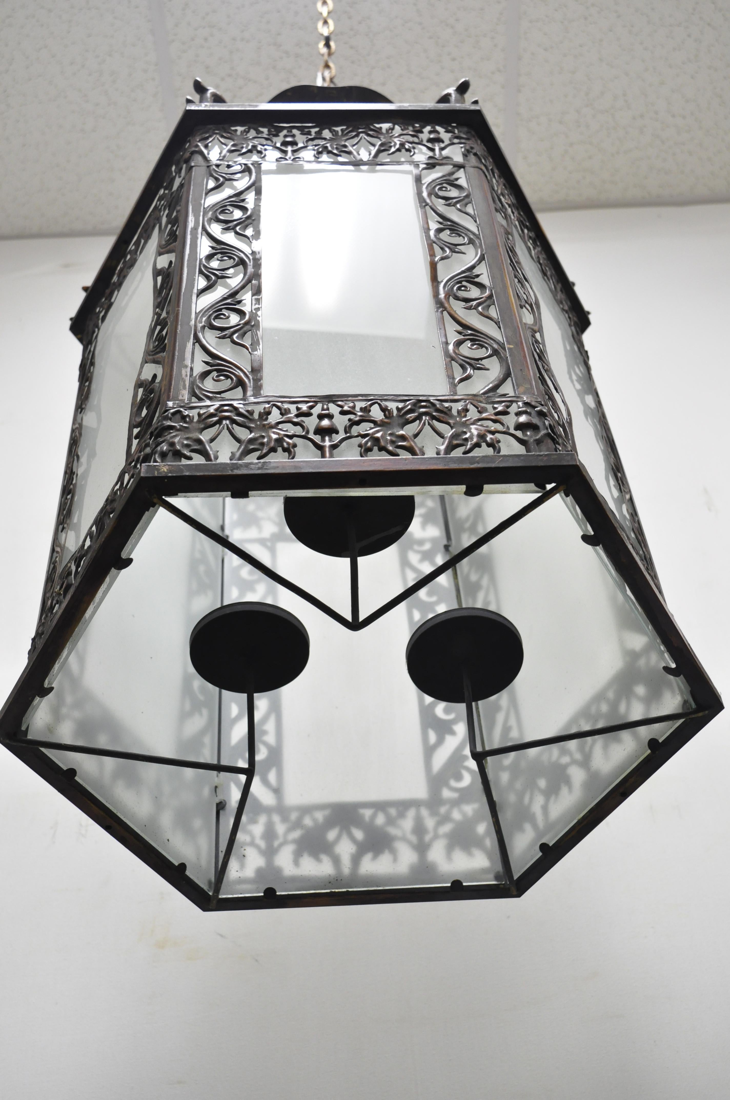 Art Nouveau Slag Glass Hexagonal Gilt Metal Pendant Light Chandelier Fixture For Sale 3