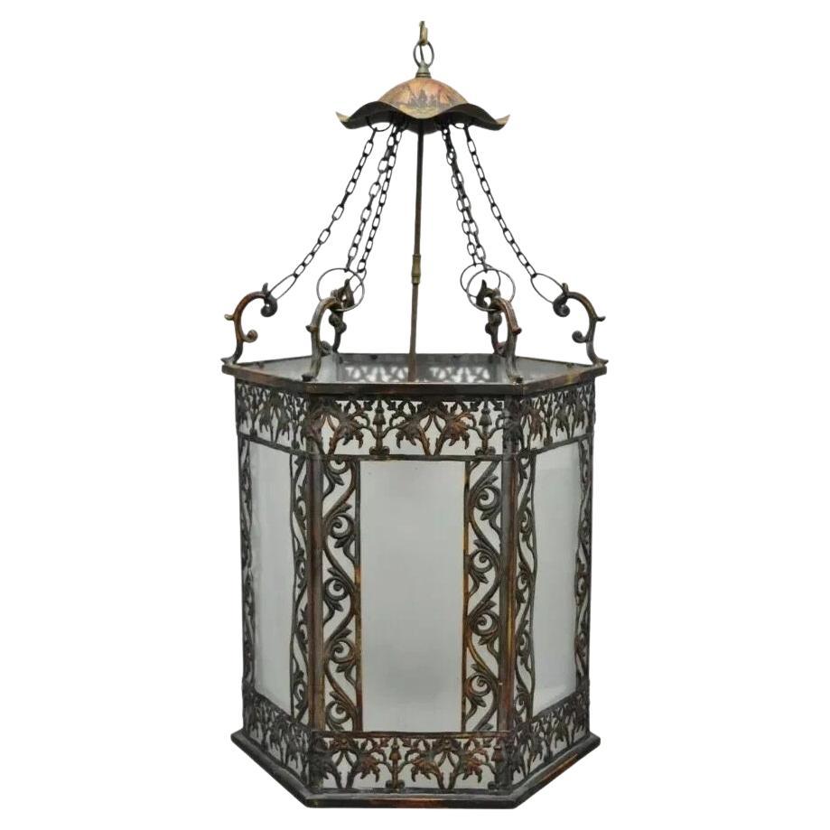 Art Nouveau Slag Glass Hexagonal Gilt Metal Pendant Light Chandelier Fixture
