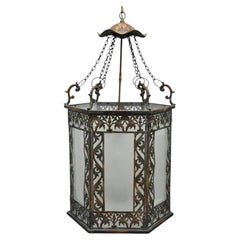 Art Nouveau Slag Glass Hexagonal Gilt Metal Pendant Light Chandelier Fixture