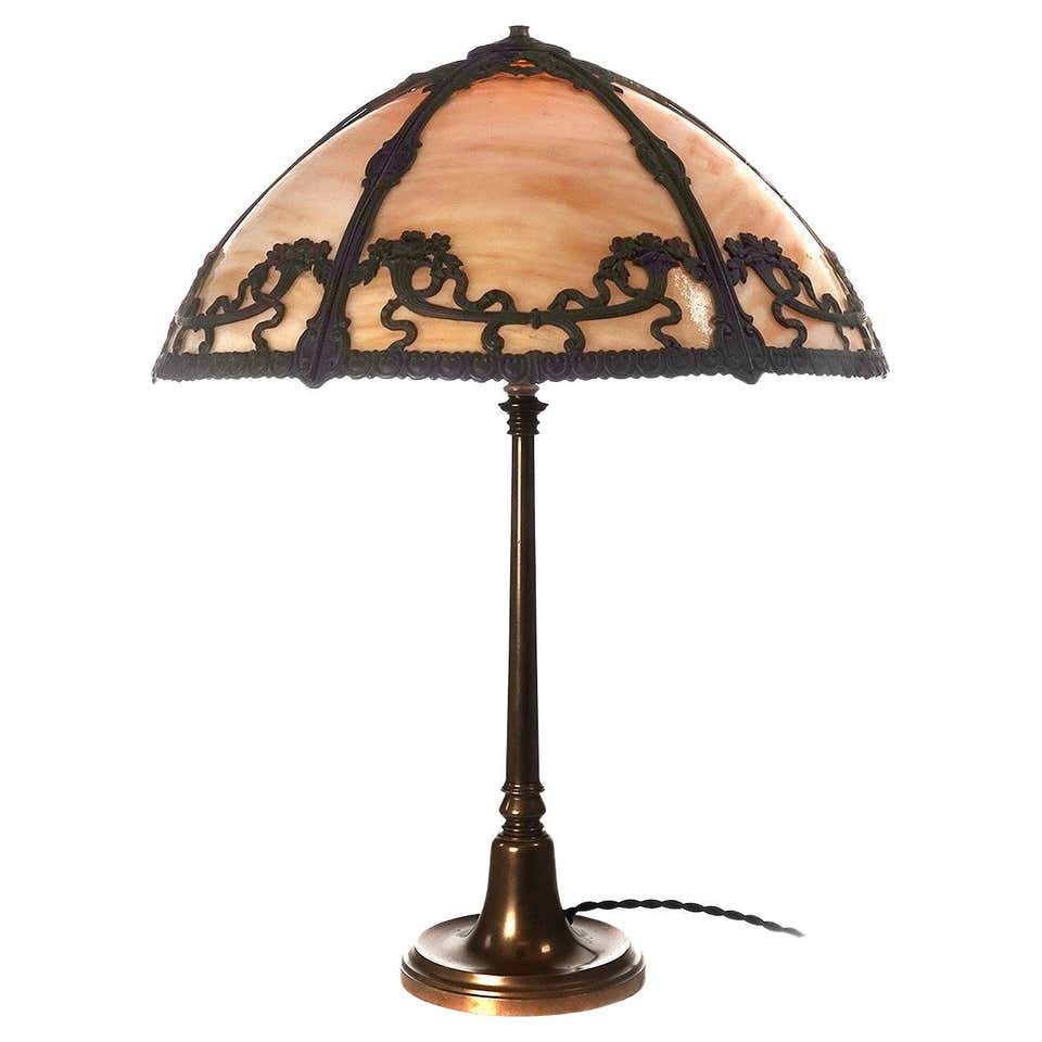 Art Nouveau Table Lamp La Rochere Handblown Blue Yellow Brown Glass ...