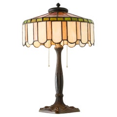 Art Nouveau Slag Glass Table Lamp with Metal Overlay