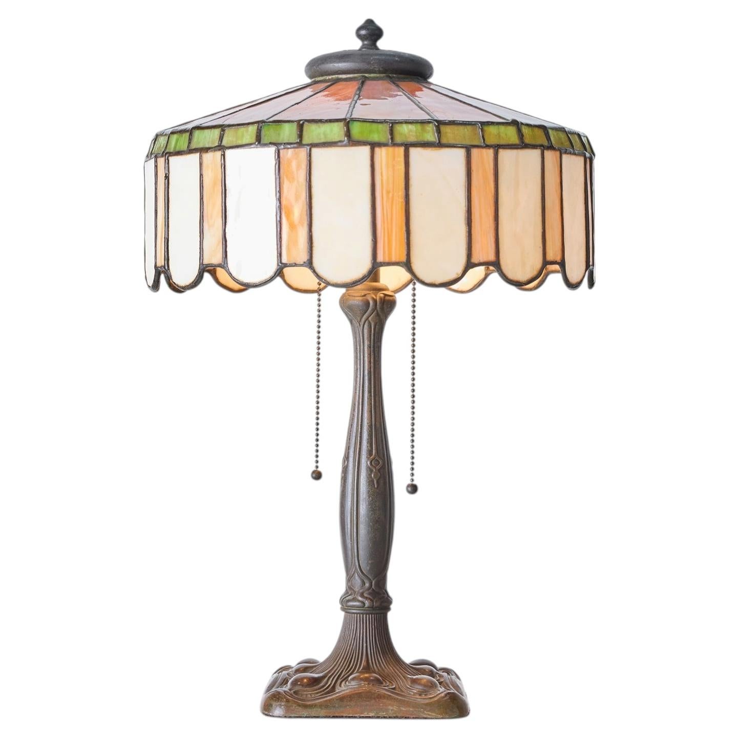 Art Nouveau Slag Glass Table Lamp with Metal Overlay