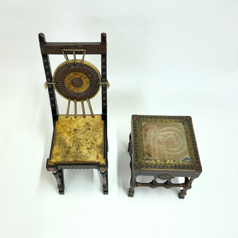 Italian Art Nouveau Small Chair and Stool from Carlo Bugatti, Italy, Early 20th Century For Sale