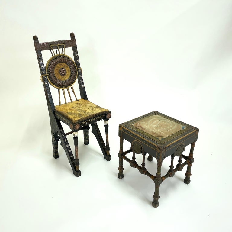Brass Art Nouveau Small Chair and Stool from Carlo Bugatti, Italy, Early 20th Century For Sale