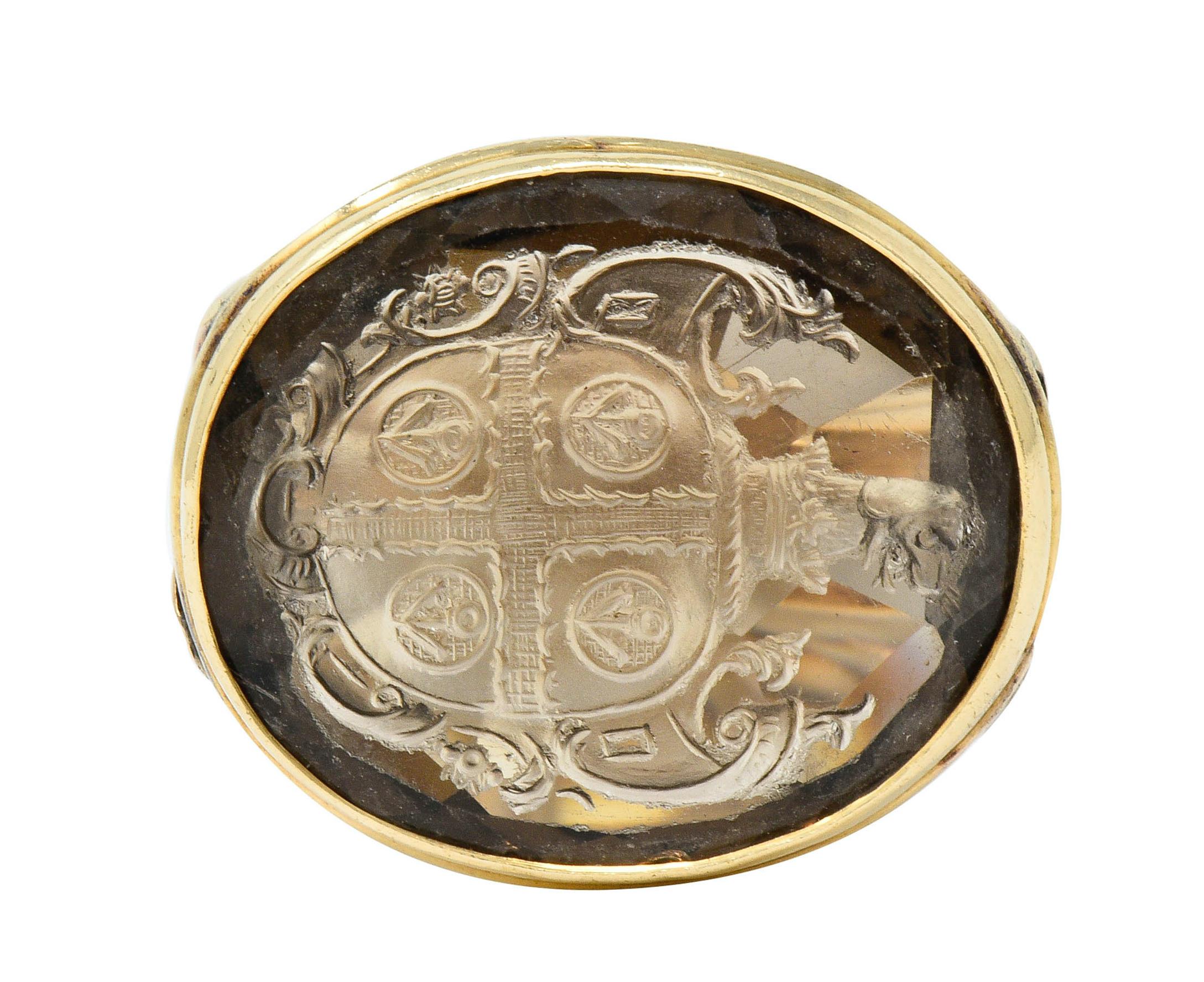 Art Nouveau Smoky Quartz Intaglio 14 Karat Rose Gold Heraldry Fob Pendant 2