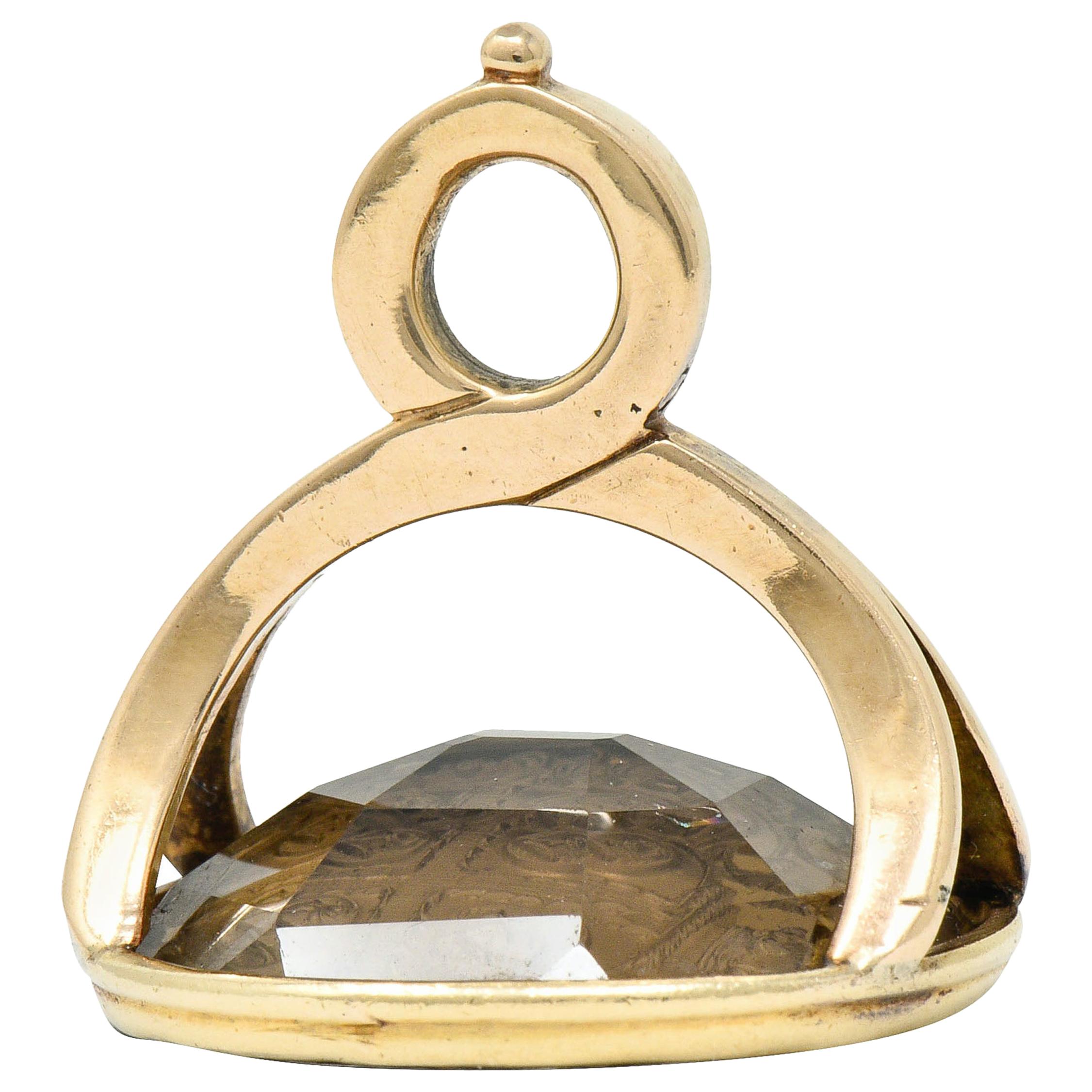 Art Nouveau Smoky Quartz Intaglio 14 Karat Rose Gold Heraldry Fob Pendant