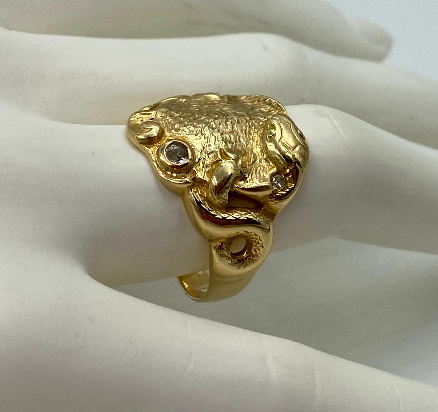 Art Nouveau Snake Lily Pad Ring Old Mine Cut Diamond Gold Antique In Good Condition In New York, NY