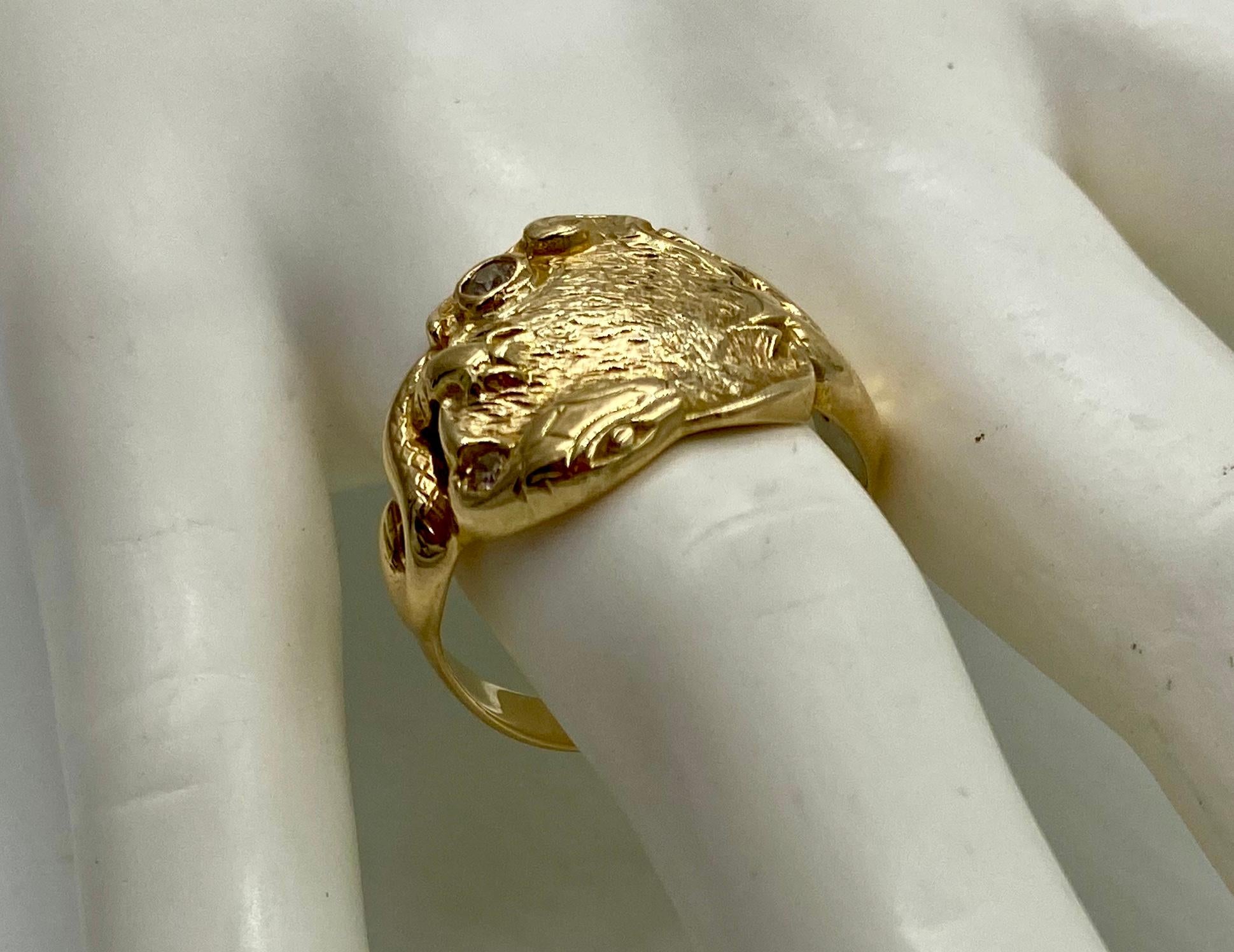 Women's or Men's Art Nouveau Snake Lily Pad Ring Old Mine Cut Diamond Gold Antique