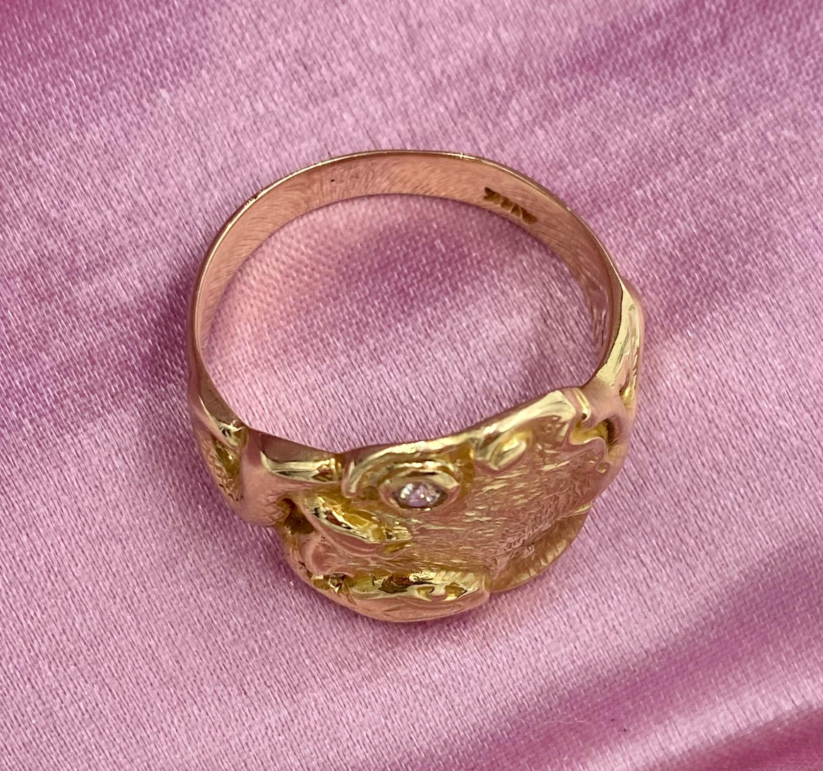Art Nouveau Snake Lily Pad Ring Old Mine Cut Diamond Gold Antique 3