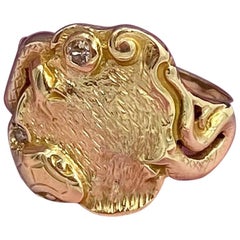 Art Nouveau Snake Lily Pad Ring Old Mine Cut Diamond Gold Antique