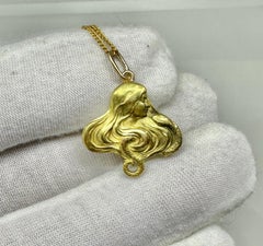 Art Nouveau Snake Serpent Goddess Woman Pendant Necklace Antique 14 Karat Gold