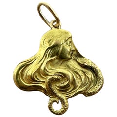Art Nouveau Snake Serpent Goddess Woman Pendant Necklace Antique 14 Karat Gold