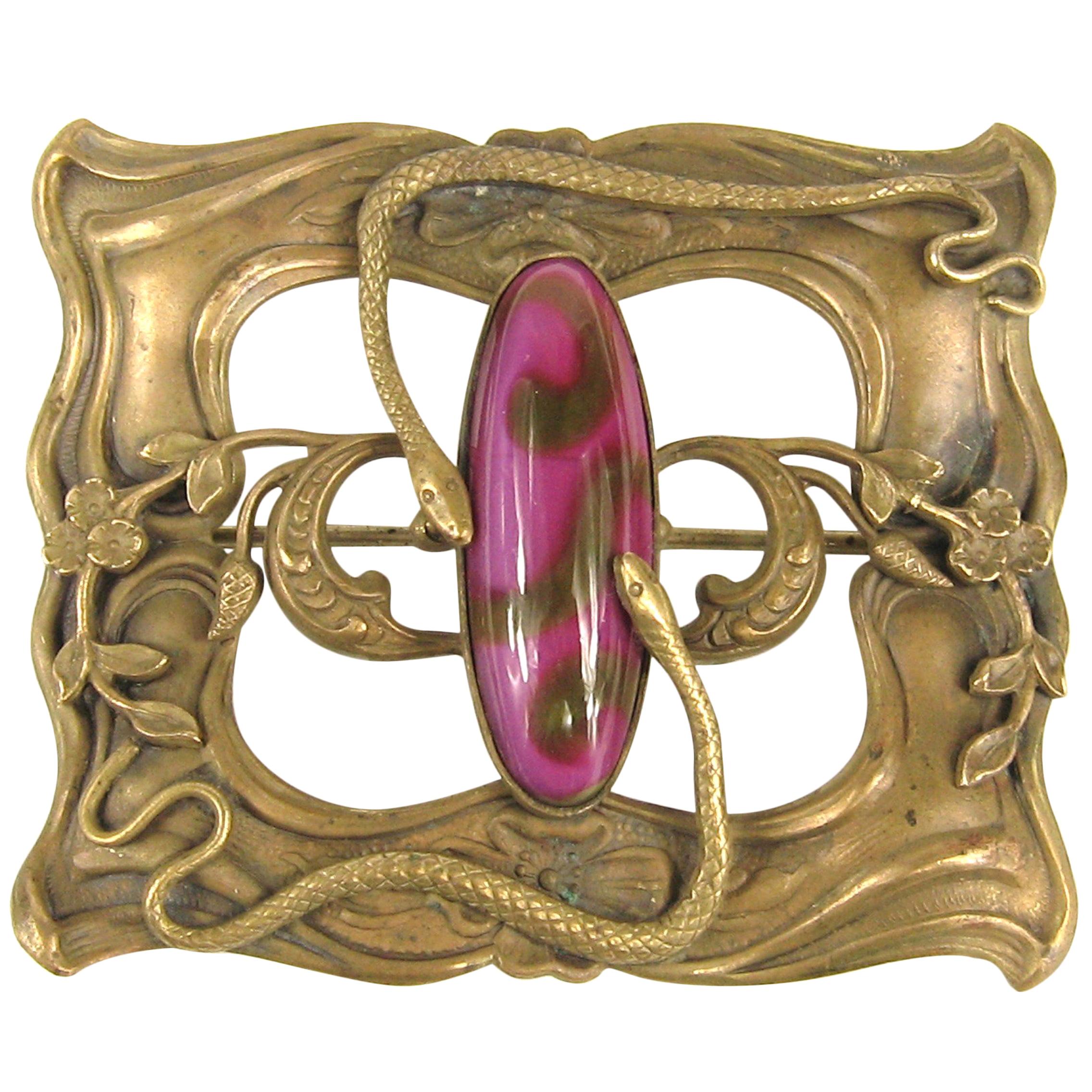 Art Nouveau Snake Venetian glass serpent Brooch Pin  For Sale