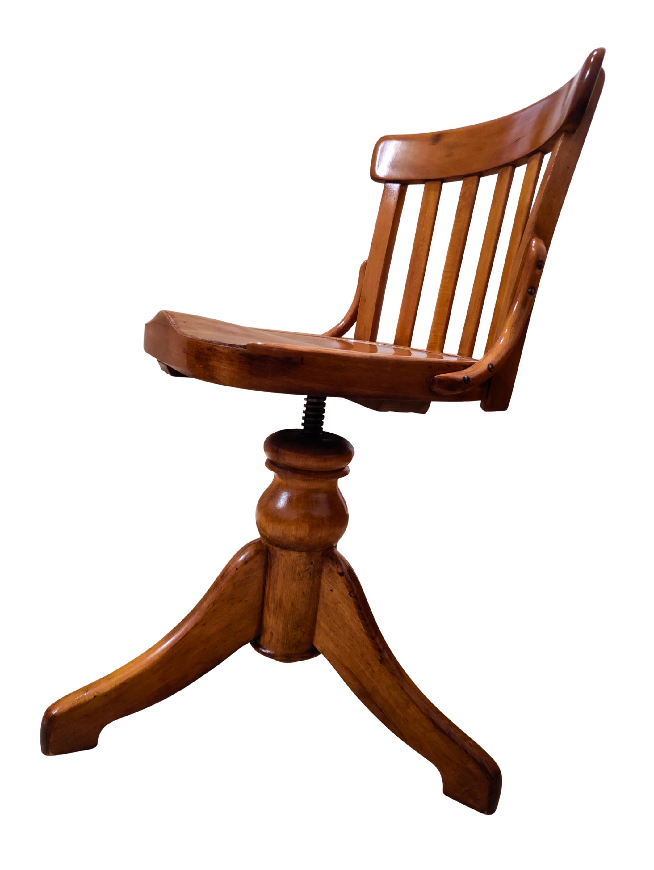 Polished Art Nouveau Solid Beechwood Swivel Chair, Height Adjustable, circa 1900 For Sale