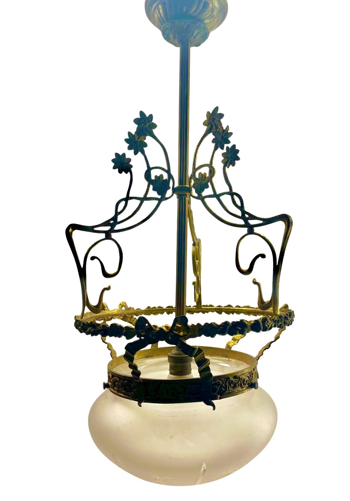 French Art Nouveau Solid Brass Chandelier With Floral Decorations  1930s For Sale