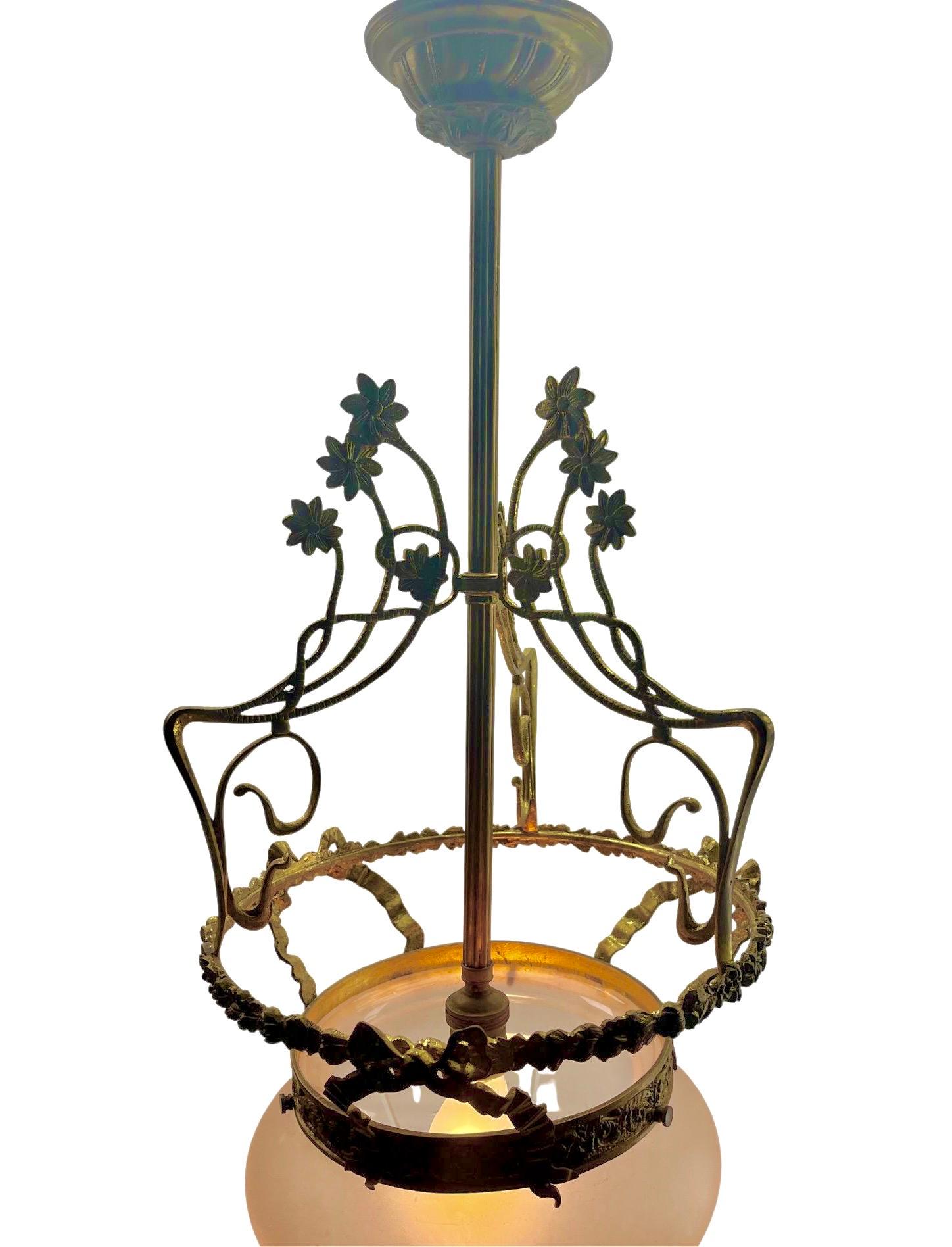 Faceted Art Nouveau Solid Brass Chandelier With Floral Decorations  1930s For Sale