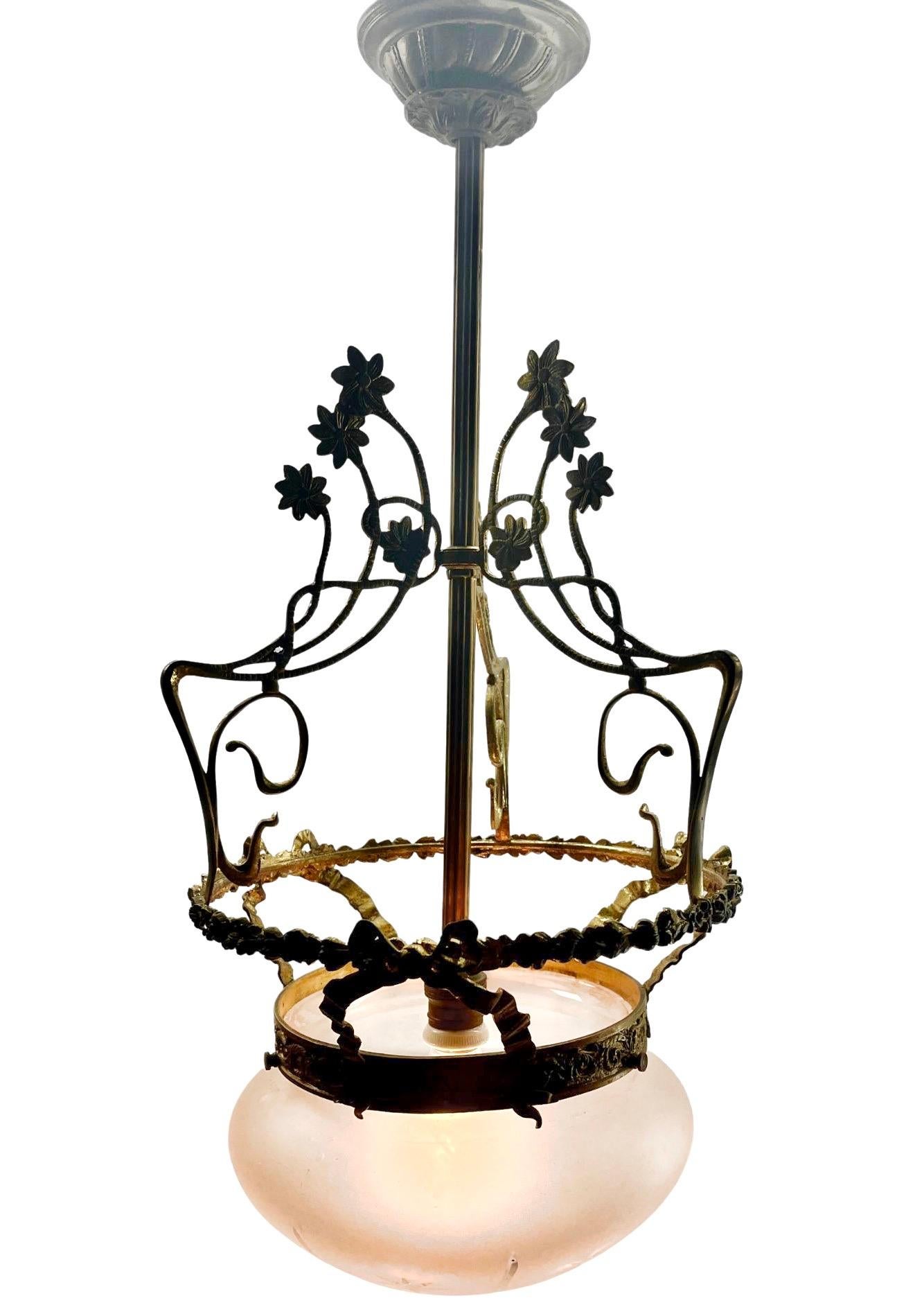 Mid-20th Century Art Nouveau Solid Brass Chandelier With Floral Decorations  1930s For Sale