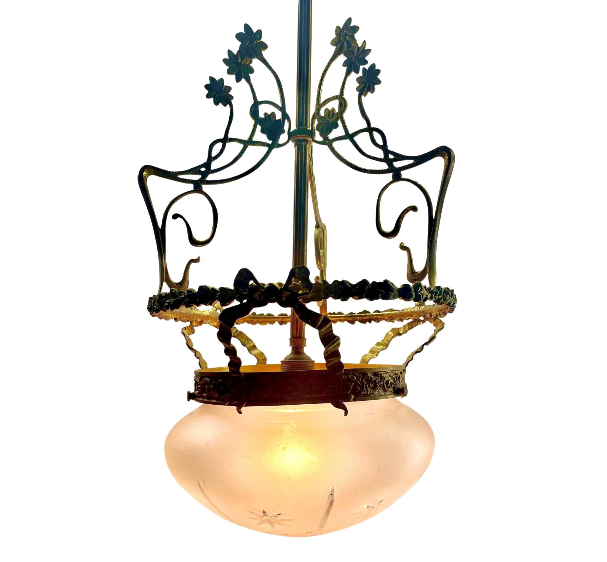 Art Nouveau Solid Brass Chandelier With Floral Decorations  1930s For Sale 2
