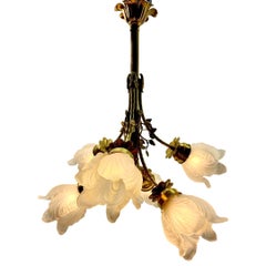 Art Nouveau Solid Brass Chandelier With Floral Decorations  1930s