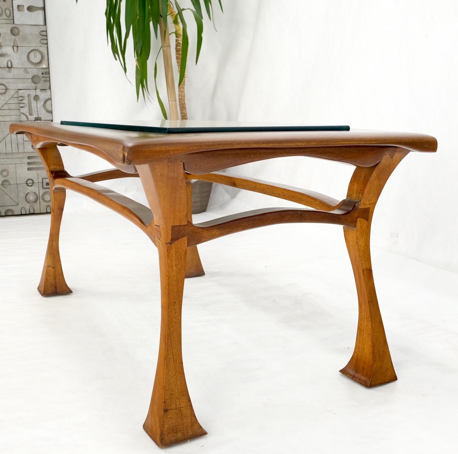 Art Nouveau Solid Carved Teak Unusual Rectangle Coffee Table Thick Glass Top For Sale 4