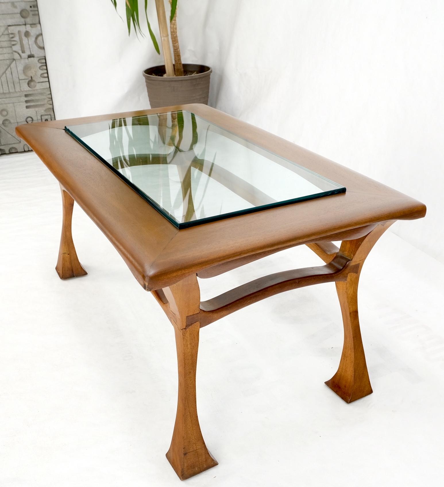 Art Nouveau Solid Carved Teak Unusual Rectangle Coffee Table Thick Glass Top For Sale 5