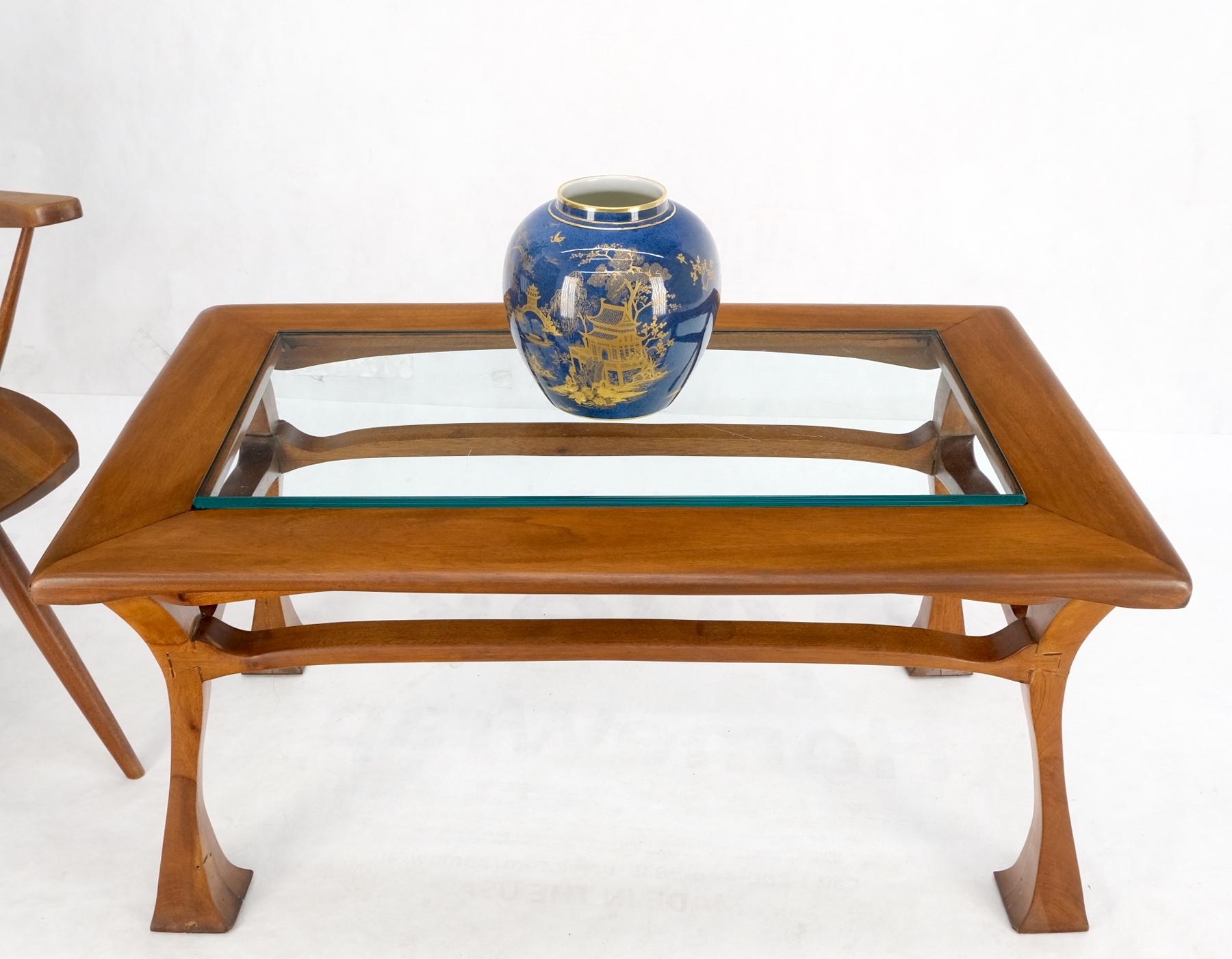 Art Nouveau Solid Carved Teak Unusual Rectangle Coffee Table Thick Glass Top For Sale 9