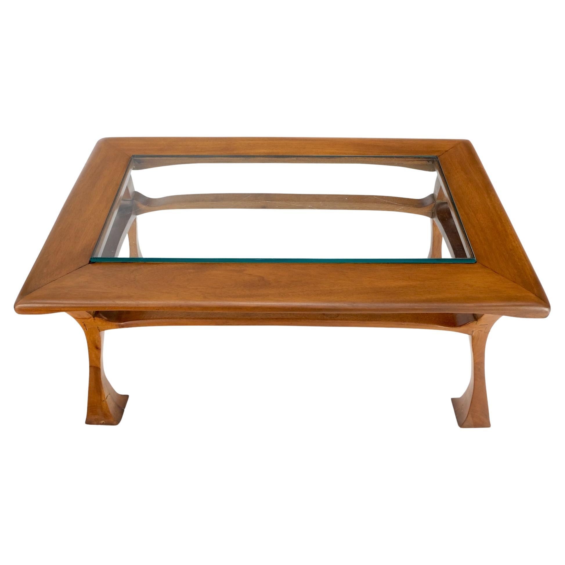 Art Nouveau Solid Carved Teak Unusual Rectangle Coffee Table Thick Glass Top For Sale