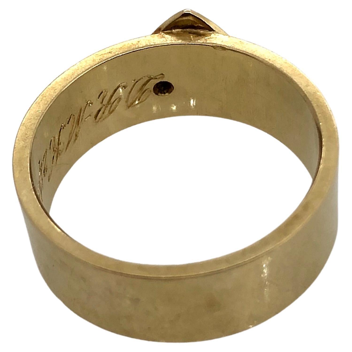 Unique solid 18 carat gold flat ring with a heart set with one tiny diamond and a seed pearl
Band width is 7.2 mm, thickness is 1.26 mm, heart dimensions are approx. 9.9 mm x 9.3 mm
Ring size is Q (US Size 8)
Weight of the ring is 9.43