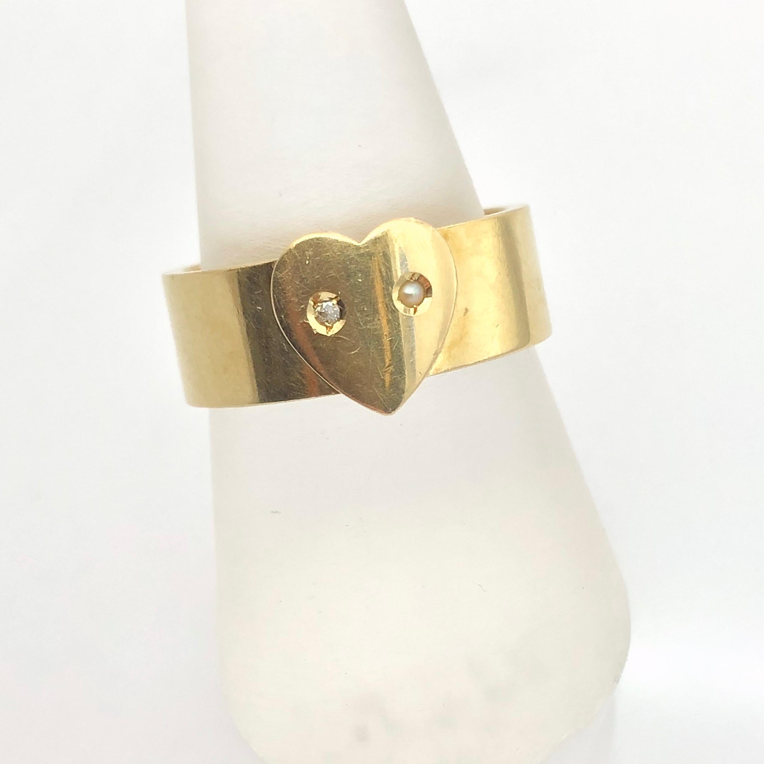 Art Nouveau Solid Gold Friendship or Wedding Band with Diamond and Seed Pearl For Sale 1