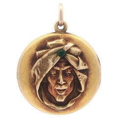 Art Nouveau Solid Gold Repousse Genie Sultan Engraved Locket Pendant
