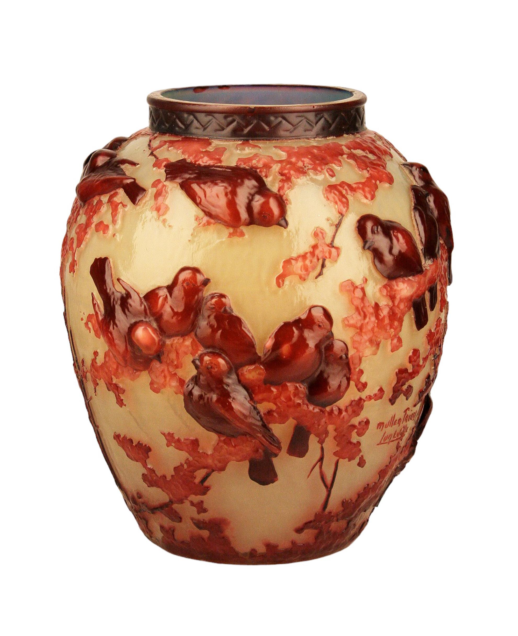 1900s Art Nouveau bulbous frosted soufflé glass vase with trees and birds by Muller Frères Lunéville, France

By: Muller Frères Lunéville, Emile Gallé (in the style of)
Material: glass, art glass
Technique: cast, glazed, unglazed,