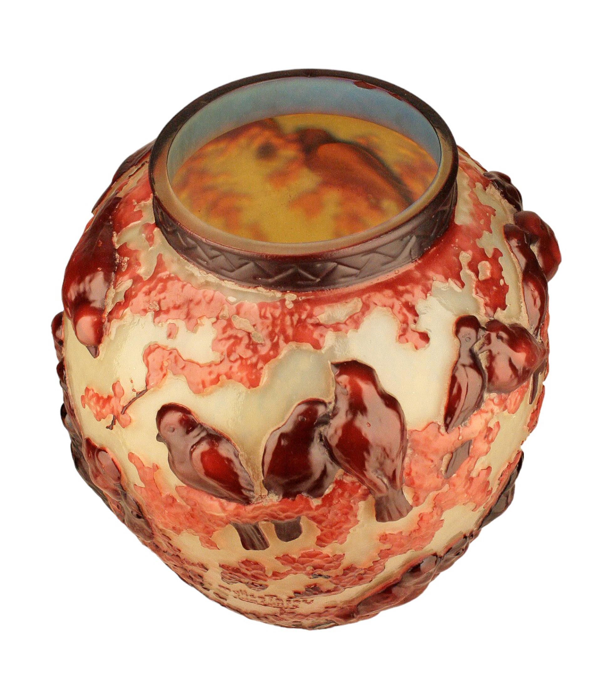Unglazed Art Nouveau Soufflé Glass Vase with Birds by Muller Frères Lunéville, France For Sale