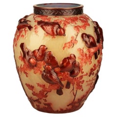 Jarrón de cristal Art Nouveau Soufflé con pájaros de Muller Frères Lunéville, Francia