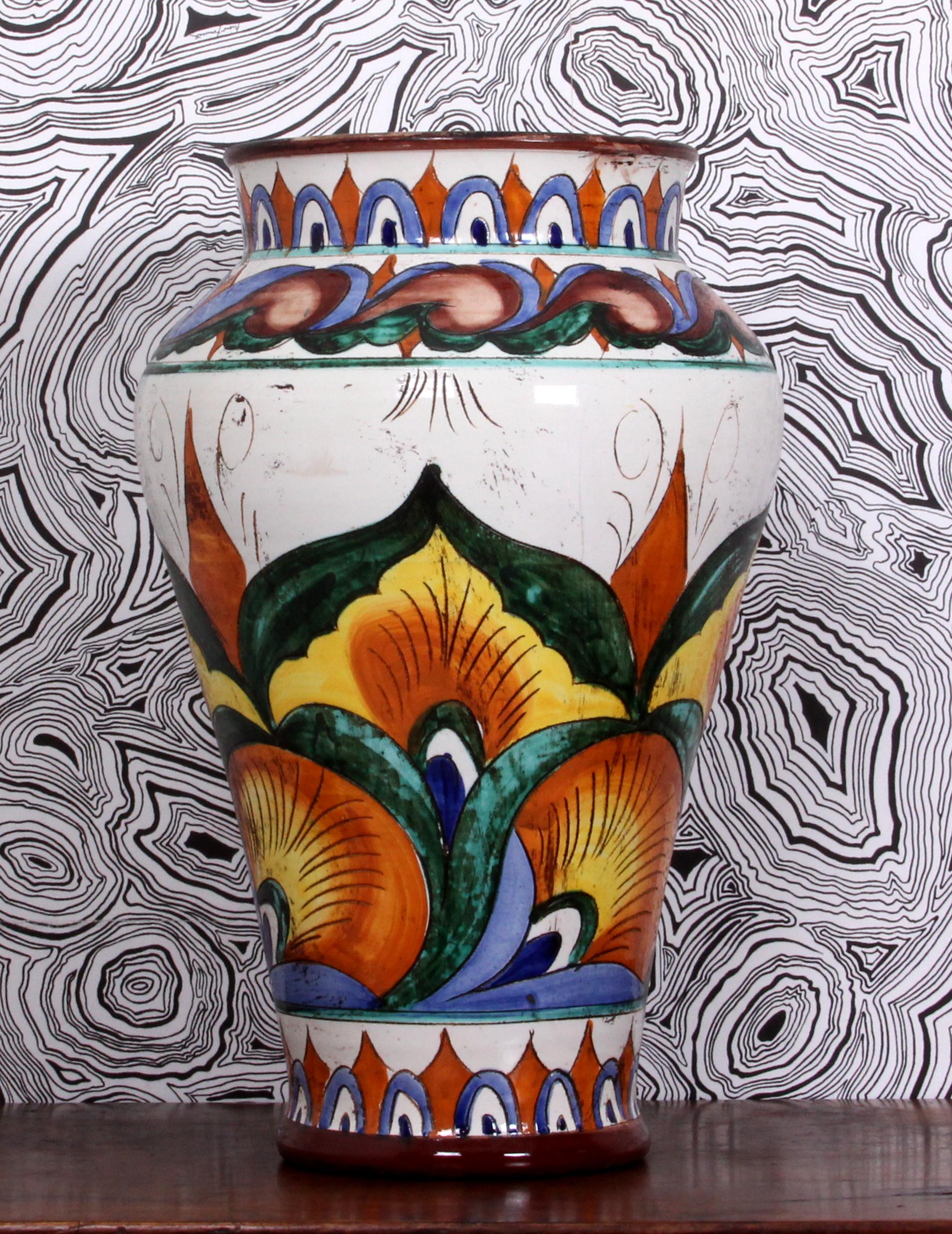 Art Nouveau Southern French Fayance art pottery FLOOR VASE rare colours&pattern For Sale 7