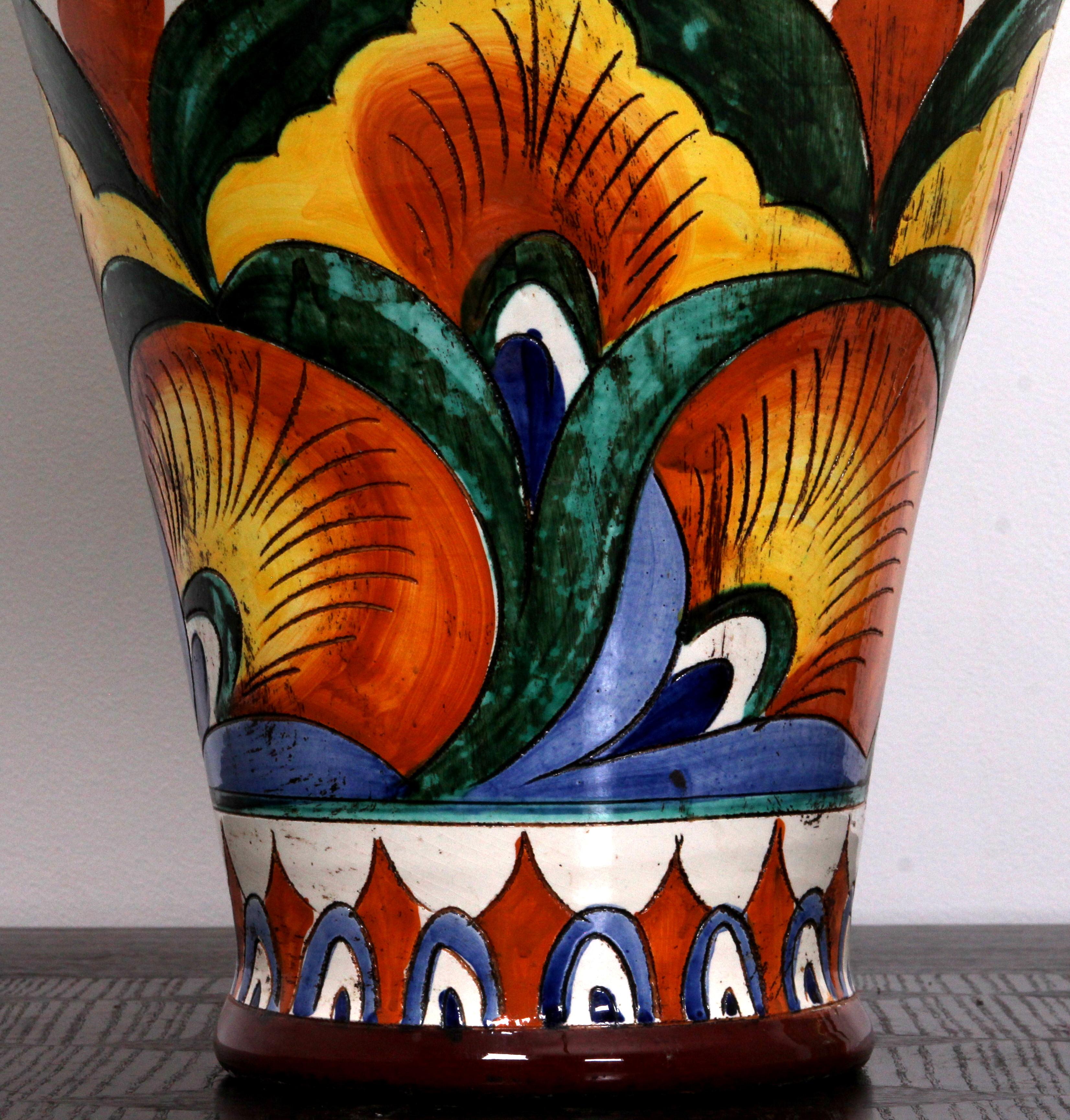 Art Nouveau Southern French Fayance art pottery FLOOR VASE rare colours&pattern For Sale 8